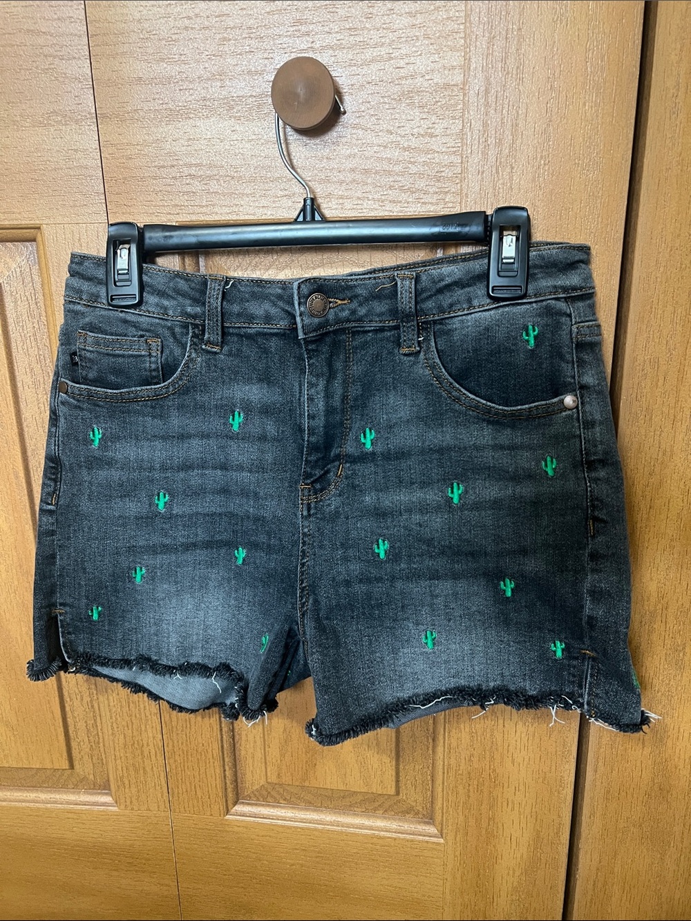 Judy Blue Black Denim Shorts with Green Cactus Embroidery